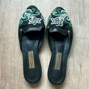 Oscar de la Renta Black and Green Embroidered Mules